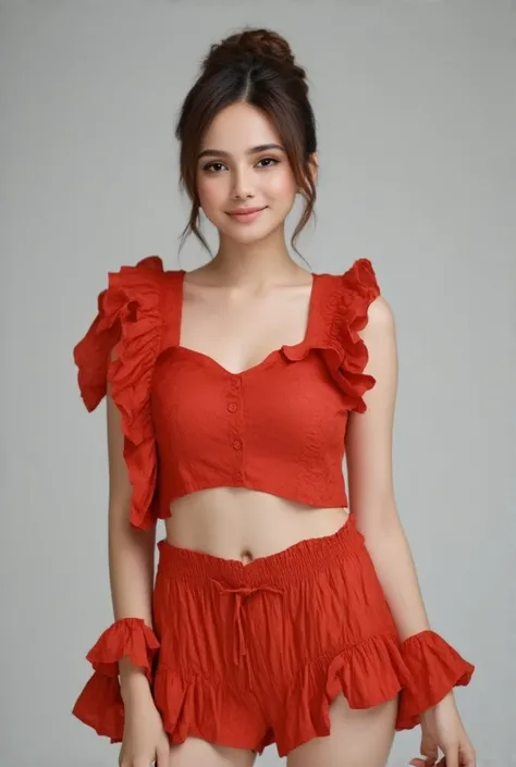 a beautiful young woman wearing  red ruffle shirt and ruffle mini skirt, standing pose, simple background,