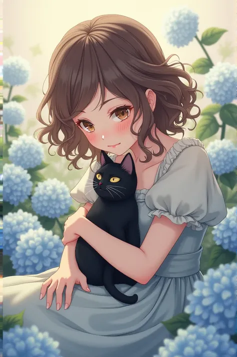 An anime girl,  with a flowery background with hydrangeas , In pastel blue colors ,  she is half on her side , with a vintage dress,  a black cat in her arms ,  the girl has curly and brown hair ,  brown eyes ,  the image has to create a harmony of somethi...