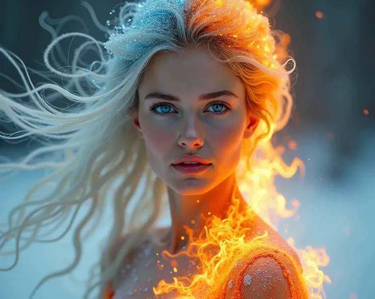 A breathtaking portrayal of an extraordinarily beautiful woman walking with grace, embodying the contrasting forces of ice and fire in both her form and attire. Her face is flawless, with delicate, sculpted features and skin that shifts seamlessly from icy...