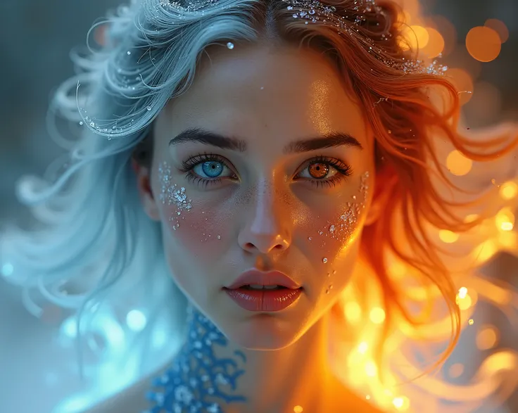 A breathtaking portrayal of an extraordinarily beautiful woman walking with grace, embodying the contrasting forces of ice and fire in both her form and attire. Her face is flawless, with delicate, sculpted features and skin that shifts seamlessly from icy...