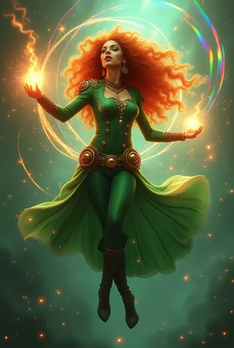 a beautiful and gorgeous American African Cyclone, orange long curly hair, in a green steampunk outfit hovering in mid-air, casting a spell with multiple glowing rainbow magic circles surrounding her, intricate gears and rainbow steampunk whirlwind element...