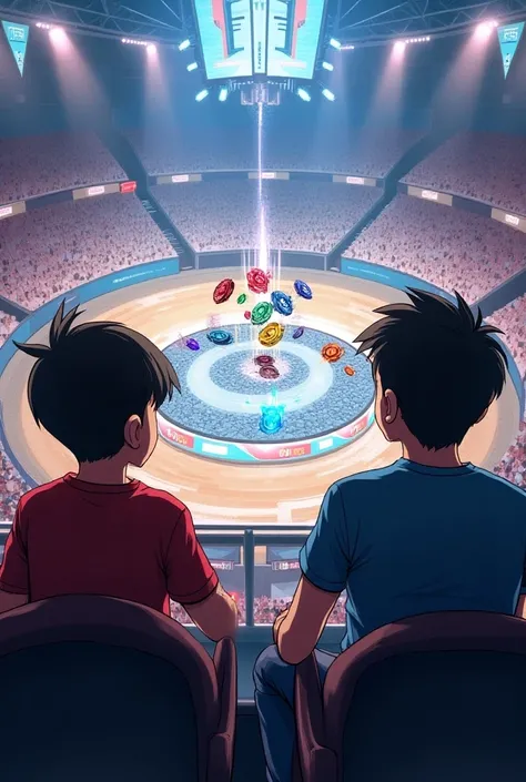 Picture the protagonist and rival watching a match with Beyblade 
