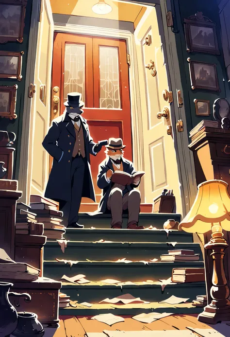 score_9, score_8_up, score_7_up, score_6_up, score_5_up, score_4_up, source_furry, highres, cover page, absurdres, perfect anatomy(2boys, buddy, kemono, furry, anthro)Details of antiques and books in Holmes’ apartment study, Tense moment of Dr. Watson feel...