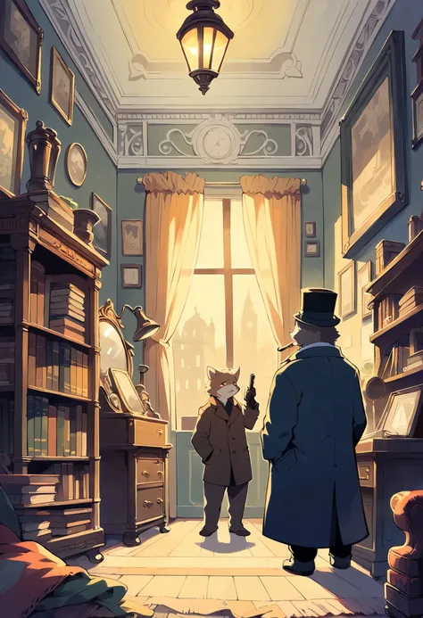 score_9, score_8_up, score_7_up, score_6_up, score_5_up, score_4_up, source_furry, highres, cover page, absurdres, perfect anatomy(2boys, buddy, kemono, furry, anthro)Details of antiques and books in Holmes’ apartment study, Tense moment of Dr. Watson feel...