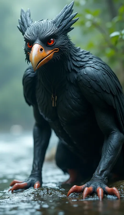 A realistic, lifelike depiction of the Kawa Tengu, a river-dwelling tengu creature from Japanese folklore. The image should portray Kawa Tengu with humanoid and bird-like features, standing or crouching near a riverbank, with wet, dark feathers and piercin...