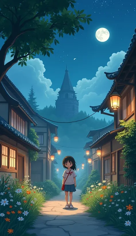 (((ジブリ風))), (8k), (highly), (detailed), wide angle, soft lighting, elaborate, a young girl strolling down a misty village road under the soft glow of lanterns hanging from tree branches, the night sky filled with twinkling stars, colorful wildflowers bloom...