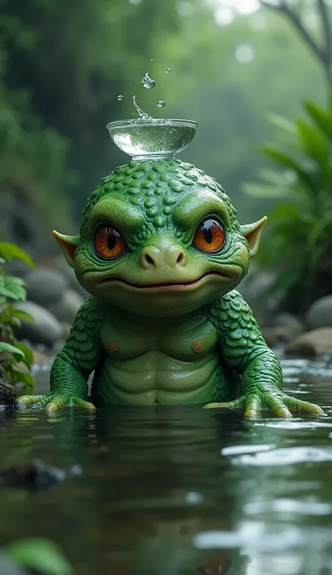 A realistic, lifelike depiction of the Hiratsuka Kappa, a legendary river creature from Japanese folklore associated with Hiratsuka. The image should portray the kappa as a small, humanoid creature with green, scaly skin, webbed hands and feet, and a beak-...