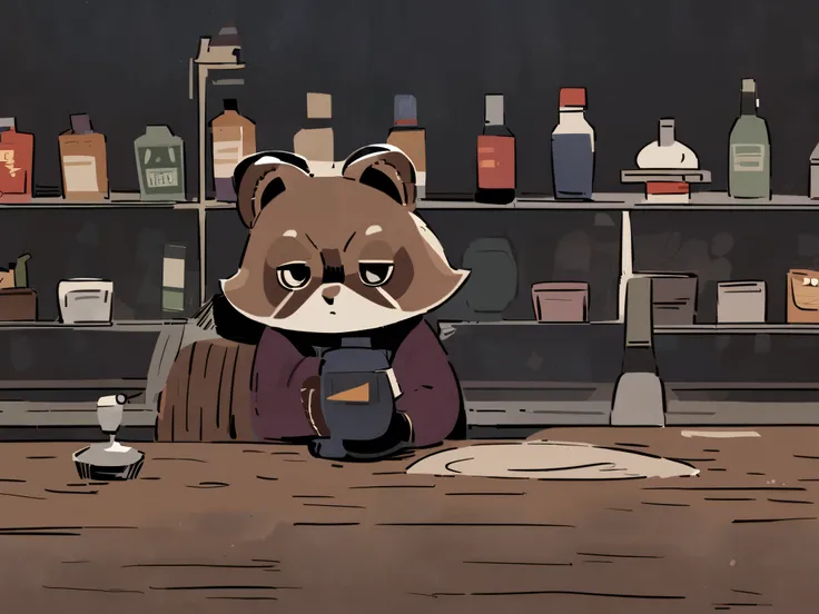 Marvels Raccoon Rocket, drinking alone at a bar ,Retro,Looks lonely,Sadness, finished bottle ,Quiet interior 