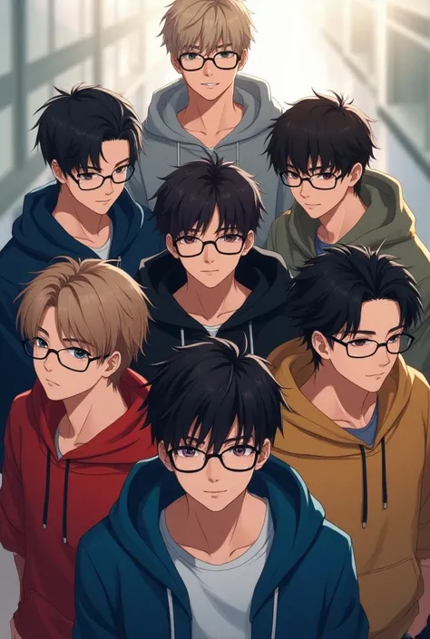 Handsome anime boys with glasses and hoodie 