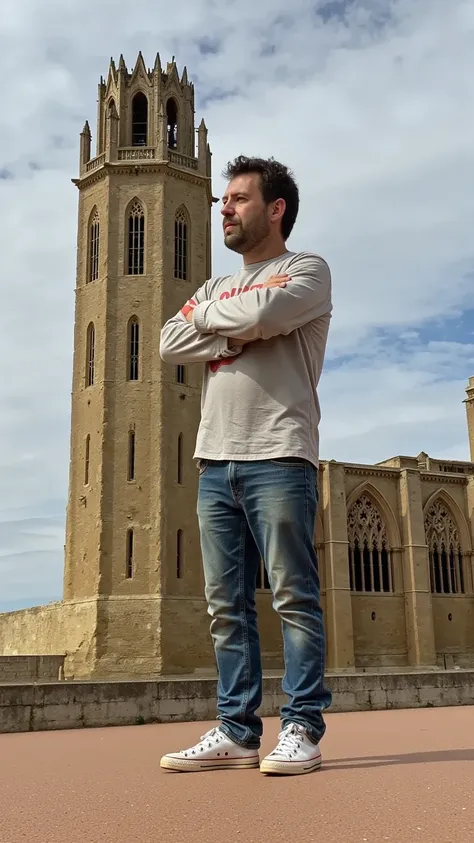 A human figure of monumental proportions, with a disproportionately large head, embraces the imposing tower of the Seu Vella Cathedral with its enormous arms.
The giant is dressed in a casual, contemporary outfit - a loose sweatshirt, worn-in jeans, and a ...