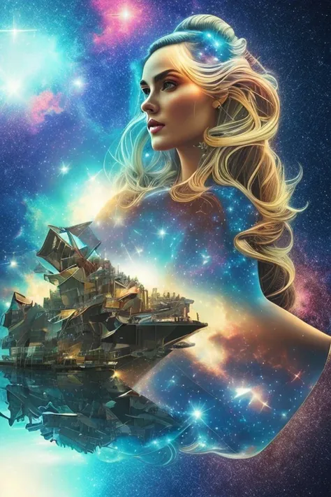 （multiple exposure：1.8）, a Girl virtual holographic digital avatar，Futuristic magnificent starry sky image foreground，psychedelic starry sky，In space，Complex illustrations in surrealist art style，Surreal dreams，Become an invisible virtual hologram，Transpar...