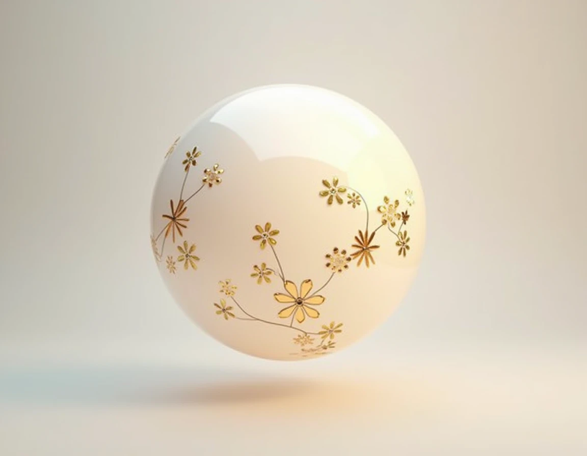 " Logo of a giant floating white sphere with golden gemstones on the front surface. The sphere has an elegant and modern design , with gold-plated gemstones forming delicate patterns that highlight the front of the sphere .  The background is neutral and s...