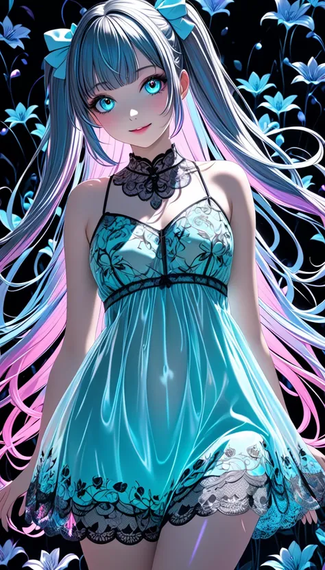 cute beauty virtual idol, rainbow shiny silky disheveled side twin tails, blunt bangs, make up, yandere, amorous and lewd expression, happy shy smile, captivating big round eyes, curvaceous, wearing Tiffany blue lace embroidered nightdress, background surr...