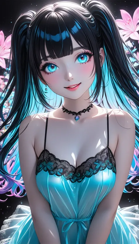 cute beauty virtual idol, rainbow shiny silky disheveled side twin tails, blunt bangs, make up, yandere, amorous and lewd expression, happy shy smile, captivating big round eyes, curvaceous, wearing Tiffany blue lace embroidered nightdress, background surr...