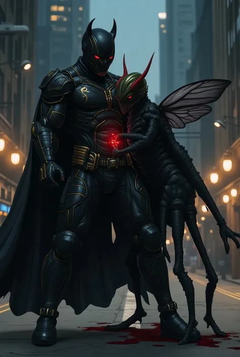 Scene between two characters. Character 1: (Black man, 20s, black unique high-tech superhero costume with gold trimmings, a black cape, gadgets, demonic mask that covers his whole face). Character 2: (Make a mutated butterfly with grasshopper blades, human...