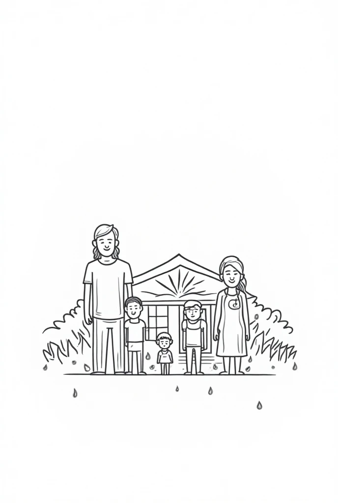 Simple black and white drawing of a family that has a rainwater collection system
