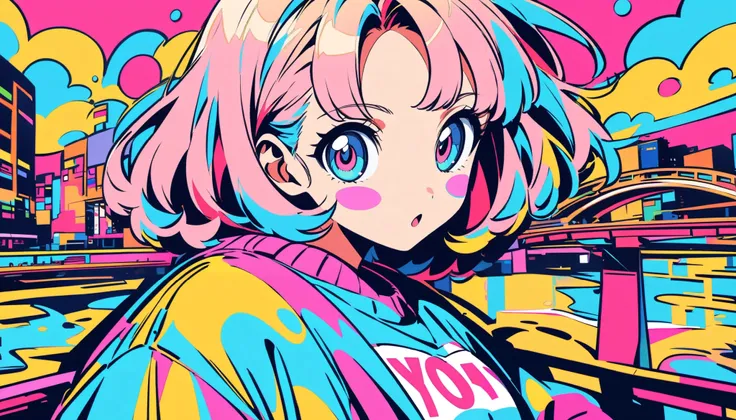 masterpiece, Highest quality, Beautiful attention to detail, Very detailed, In detail, High resolution, Perfect Anatomy, colorful, pastel colour, Girl, (One person:1.5), alone, (City pop illustrations), (City Pop Art), Simple Background, (City Pop Anime), ...