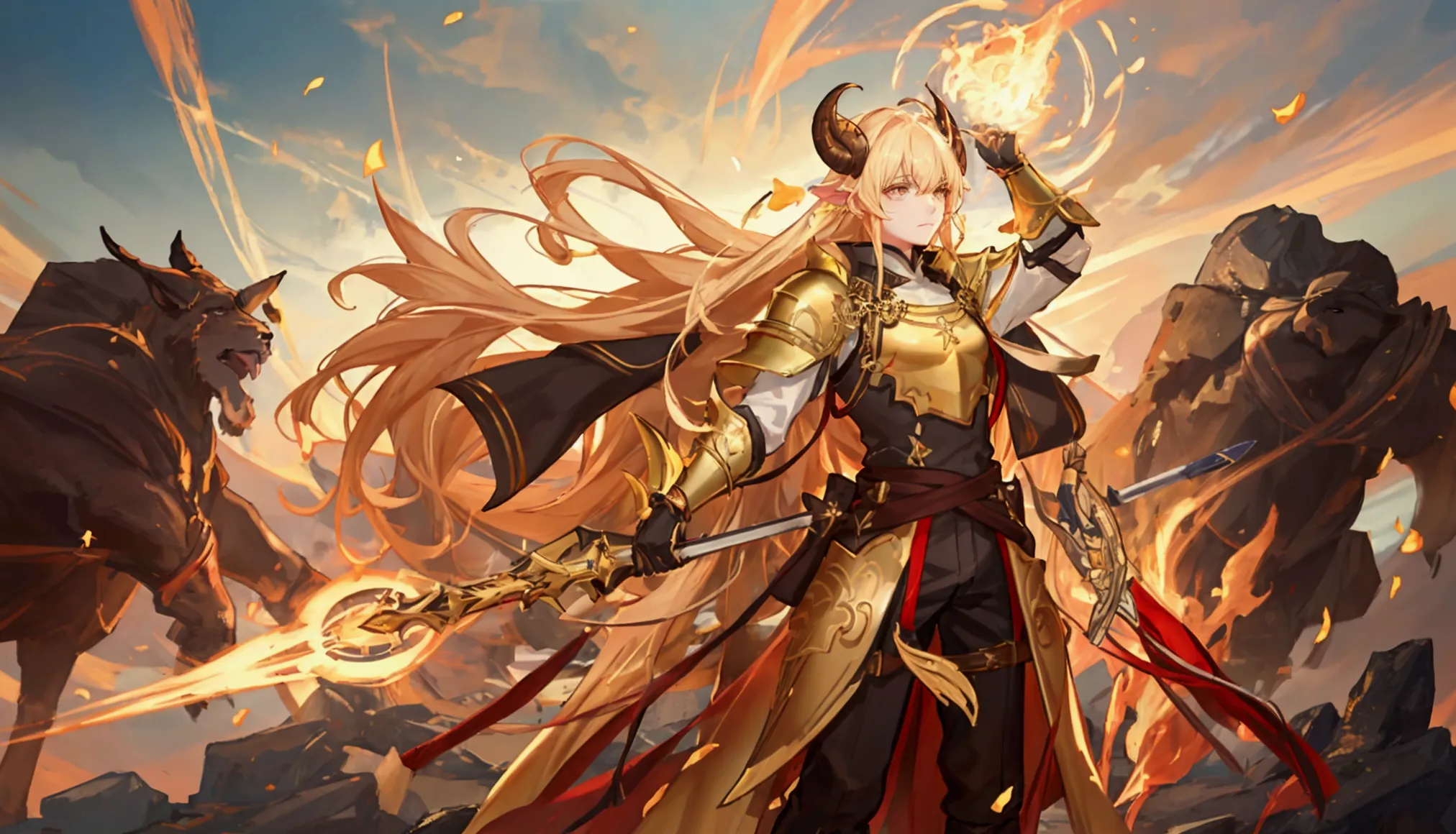 dressed in golden armor 、 majestic figure emphasized by fire effects。 posing like a brave warrior 。

「golden hero ＝ aries warrio...