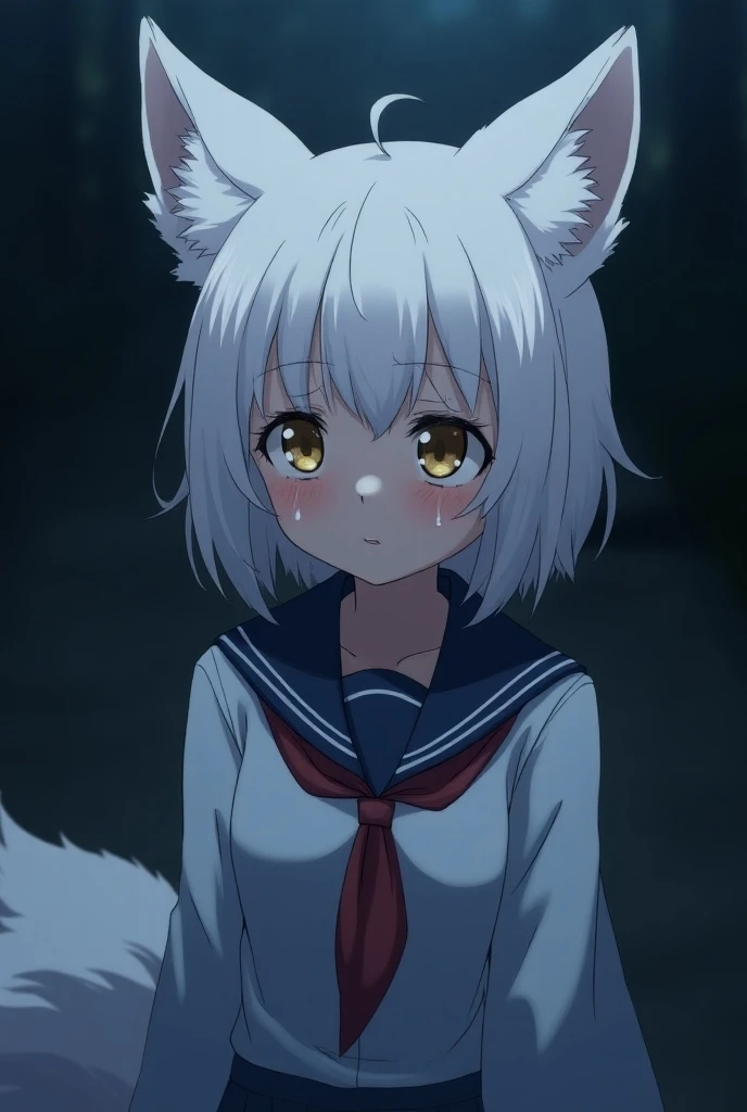 Anime high school white fox girl with Japanese uniform. She have medium breast. She is crying in night