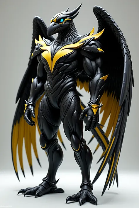  Create an image of a character inspired by a black bird with small yellow contrasts on the wings and tail , strong and muscular, thick legs,  black eyes with blue eyeball  , nightingale feather-like armor that is elegant and aerodynamic , and wings extend...