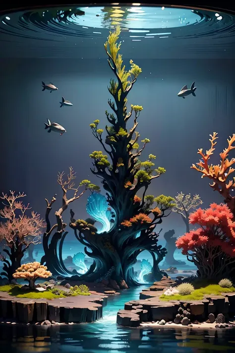 masterpiece, Best Quality, ( highly detailed CG unity 8K wallpaper ), (Best Quality), ( best illustration), (Best Shadow),  Marine Themes Incorporating Natural Elements.  tall mangroves surrounded by schools of fish , rich Seaweed, Glowing Jellyfish ,  Sur...