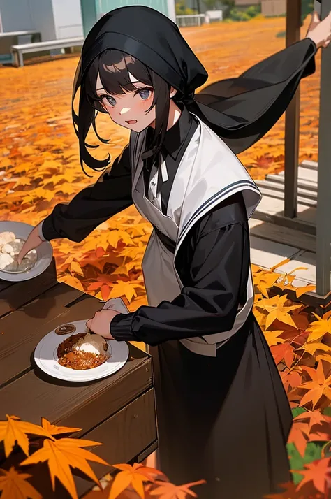 An outdoor kitchen table surrounded by autumn leaves, black-haired high school girls in black uniforms, one girl in an apron, a headscarf and mittens serving food, the rest of the girls fighting over it