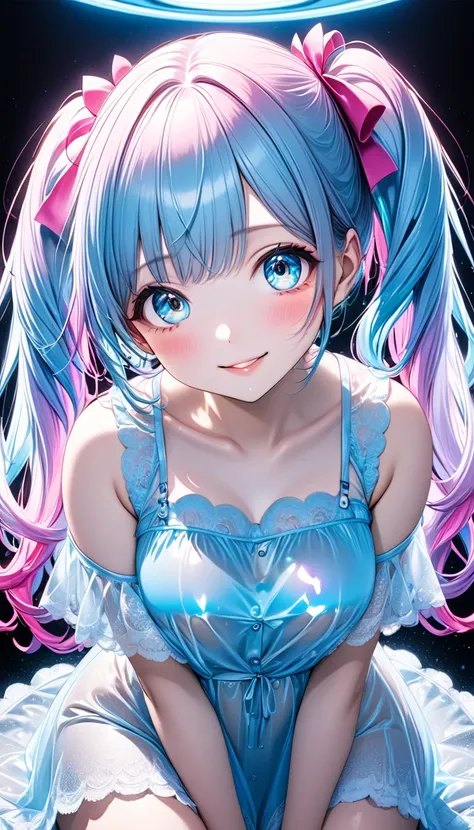 cute beauty virtual idol, rainbow shiny silky disheveled side twin tails, blunt bangs, make up, yandere, amorous and lewd expression, happy shy smile, captivating big round eyes, curvaceous, wearing Tiffany blue lace embroidered nightdress, background surr...