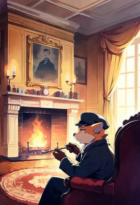 Water color, score_9, score_8_up, score_7_up, score_6_up, score_5_up, score_4_up, source_furry, highres, cover page, absurdres, perfect anatomy(1boy, buddy, kemono, furry, anthro)A detailed Victorian room with Sherlock Holmes seated in a classic leather ar...