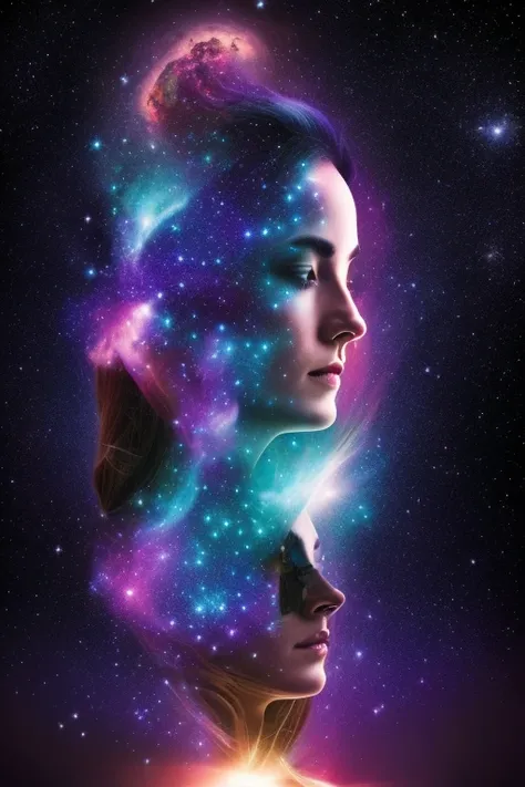 A surreal, cosmic woman whose face and body are fully merged with the colors and textures of deep space, eliminating all traces of human skin tone and making her appear as though she is formed entirely from galaxies, nebulae, and stardust. Her face is indi...