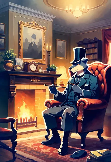 Water color, score_9, score_8_up, score_7_up, score_6_up, score_5_up, score_4_up, source_furry, highres, cover page, absurdres, perfect anatomy(1boy, buddy, kemono, furry, anthro)A detailed Victorian room with Sherlock Holmes seated in a classic leather ar...