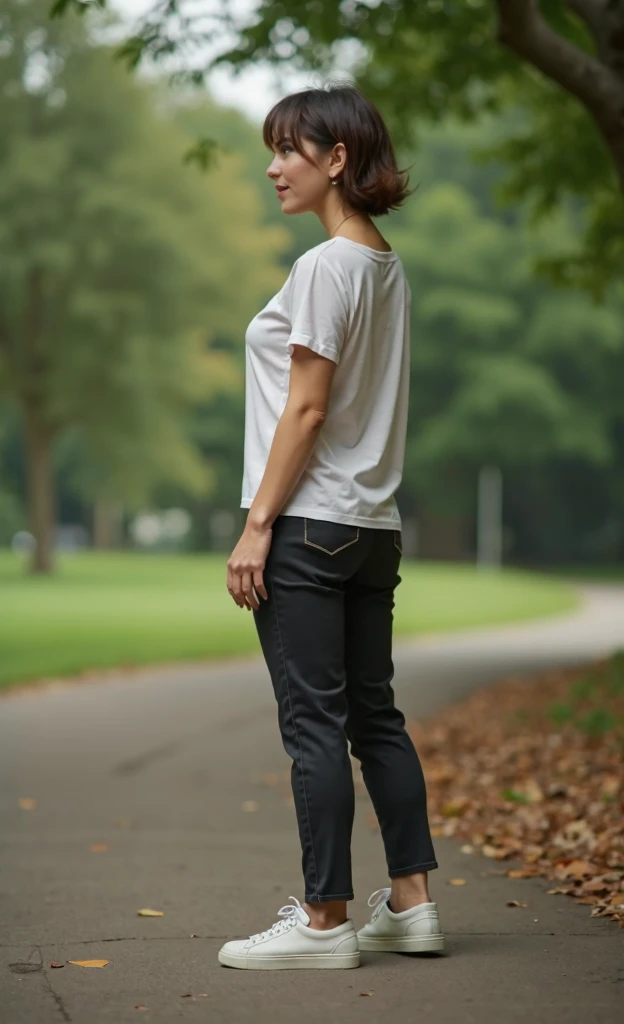 woman standing outdoor, iphone photo, back view, short light brown hair, haircut, without makeup, extremely detailed face, photorealistic, 8k, hyperdetailed, highly detailed, snapchat, warm color tones, intricate details, natural, thoughtful expression, co...