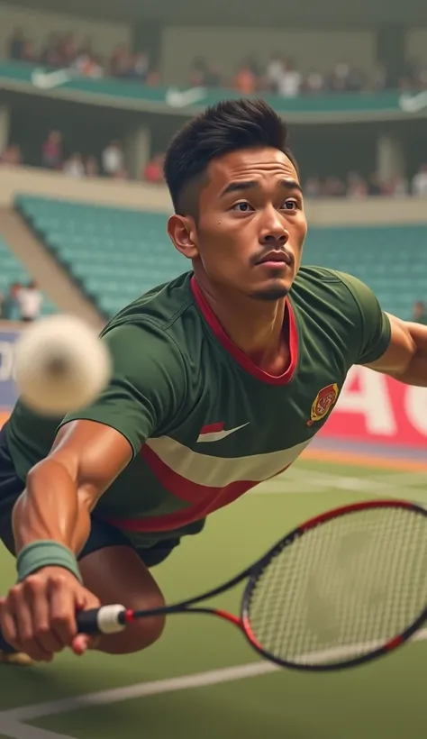 "Create a high-quality, realistic illustration of a professional Indonesian badminton athlete. The athlete should be depicted on a badminton court in a dynamic pose, wearing a sports jersey with the Indonesian flag emblem. Include a badminton racket in han...