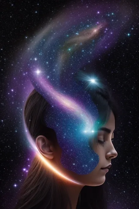 A surreal, cosmic woman whose face and body are fully merged with the colors and textures of deep space, eliminating all traces of human skin tone and making her appear as though she is formed entirely from galaxies, nebulae, and stardust. Her face is indi...