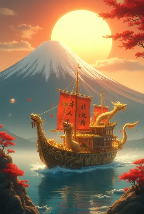 Mount Fuji。sun。Treasure Ship。Lots of gold。Golden Dragon。The golden turtle 。 Golden Phoenix。Seven Lucky Gods。