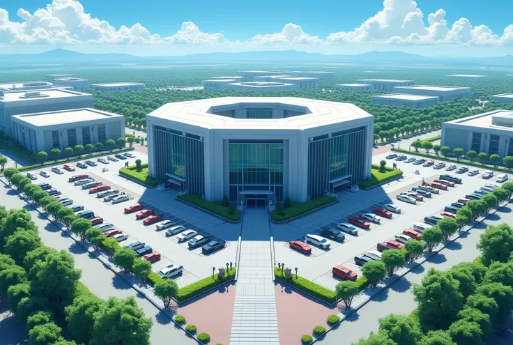 A long shot of a highly secured government agency in the shape of a hexagon, plenty of parking spaces, anime art style.