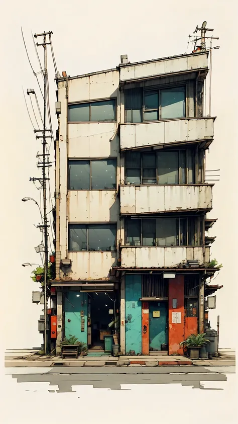 front view tokyo storefront, Japanese modern brutalist aesthetics, Unfinished sketch, water color on paper, (simple background:1.2)