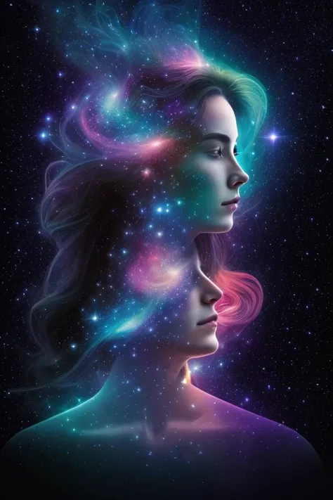 A surreal, cosmic woman whose face and body are fully merged with the colors and textures of deep space, eliminating all traces of human skin tone and making her appear as though she is formed entirely from galaxies, nebulae, and stardust. Her face is indi...