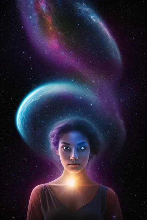 A surreal, cosmic woman whose face and body are fully merged with the colors and textures of deep space, eliminating all traces of human skin tone and making her appear as though she is formed entirely from galaxies, nebulae, and stardust. Her face is indi...