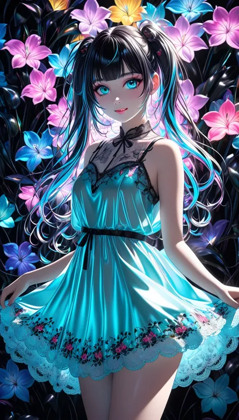 cute beauty virtual idol, rainbow shiny silky disheveled side twin tails, blunt bangs, make up, yandere, amorous and lewd expression, happy shy smile, captivating big round eyes, curvaceous, wearing Tiffany blue lace embroidered nightdress, background surr...