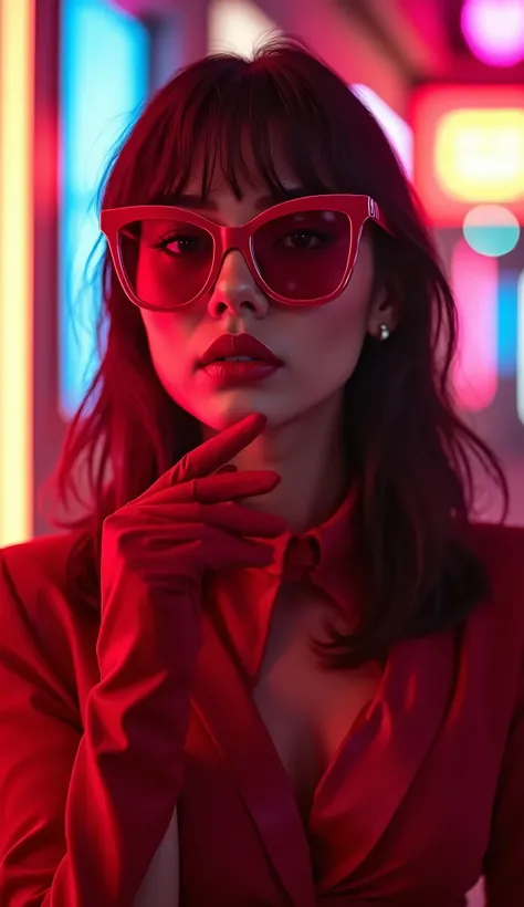 there is a woman wearing  red gloves  and  red gloves  posing for a picture, Portrait Color Glamour, Holiday atmosphere,  Wearing Glasses with Red Lenses ,   as a portrait shot,  red sunglasses ,  red gloves ,  by Julia Pisttal , Rave Girl, advertising pho...