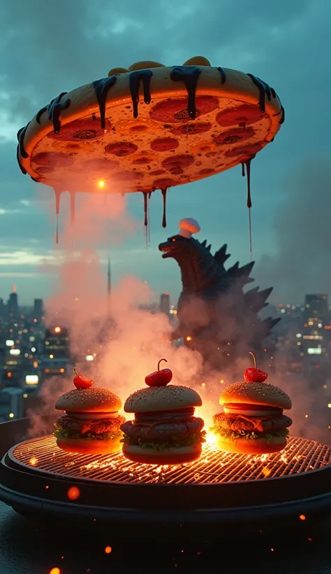 Create a surreal, futuristic scene depicting a pizza-shaped spaceship hovering above Tokyo, with melted chocolate dripping from its crust onto the city streets below.
In the background, Godzilla, wearing a chefs hat, is grilling giant hamburgers on a flami...