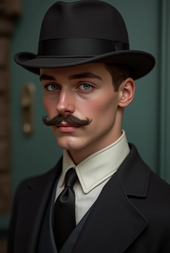 A handsome British man around 19years old who lived in 1925. blue eyes with a moustache only  on top of his mouth. Diamond shape face