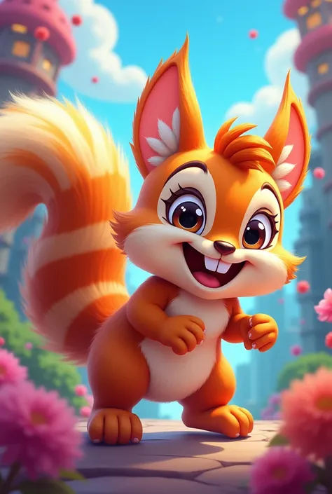 A cool rhythm game styled squirrel, cartoon, Squirtle teeth, striped tails, big fluffy squirrel tails,