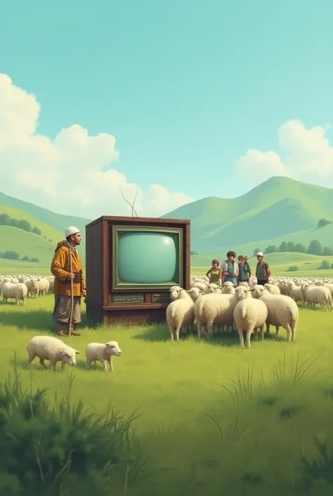 Create a drawing with sheep, people, shepherd and tv
