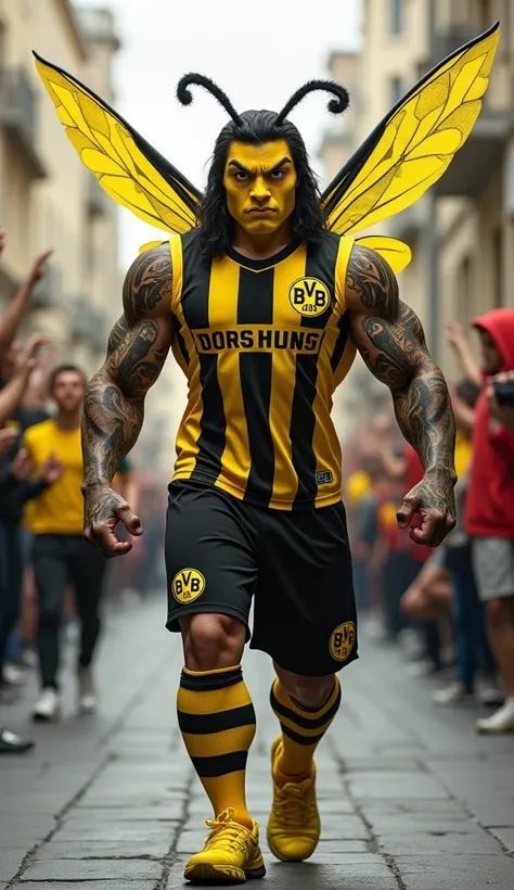 A fierce, muscular humanoid male bee named Emma, the mascot of Borussia Dortmund, walking through the streets of Dortmund. His body is defined by bold yellow and black stripes, and his arms are covered in tattoos that reflect his strength and fierce nature...