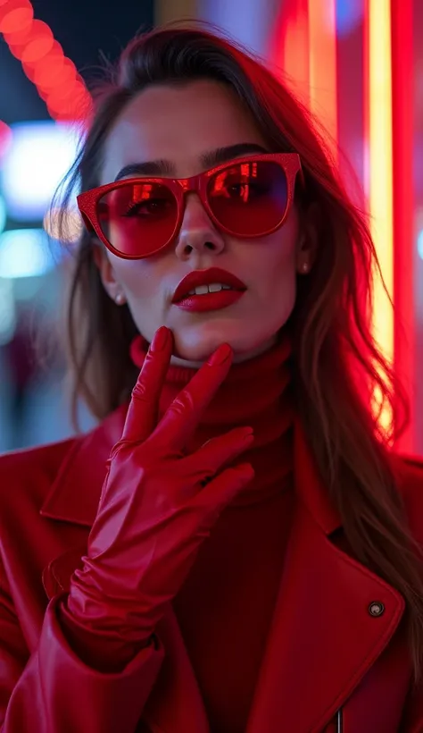 there is a woman wearing  red gloves  and  red gloves  posing for a picture, Portrait Color Glamour, Holiday atmosphere,  Wearing Glasses with Red Lenses ,   as a portrait shot,  red sunglasses ,  red gloves ,  by Julia Pisttal , Rave Girl, advertising pho...