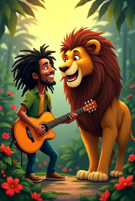 Bob Marley singing alongside a lion. Disney Pixar style illustration