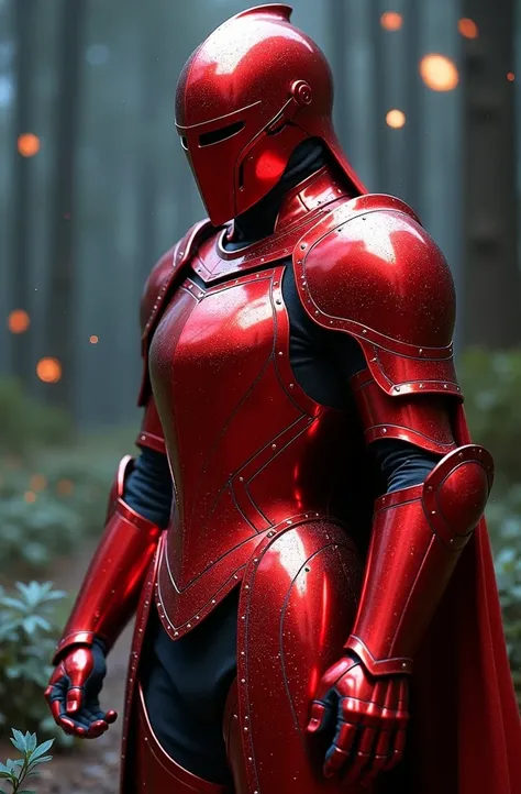 A candy red metal armor, medieval type, plate armor, super polished, reflectig the galaxy and stars, reflecting fireflies lights.