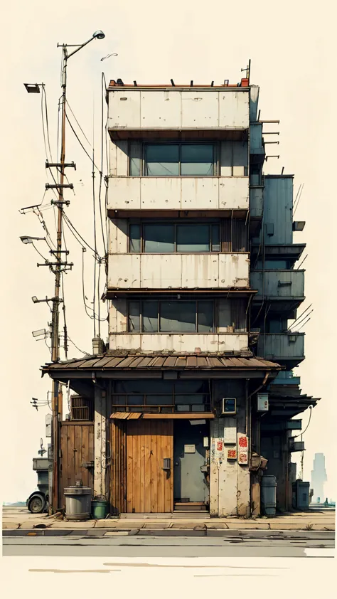 front view tokyo storefront, japanese modern brutalist aesthetics, unfinished sketch, water color on paper, (simple background:1...