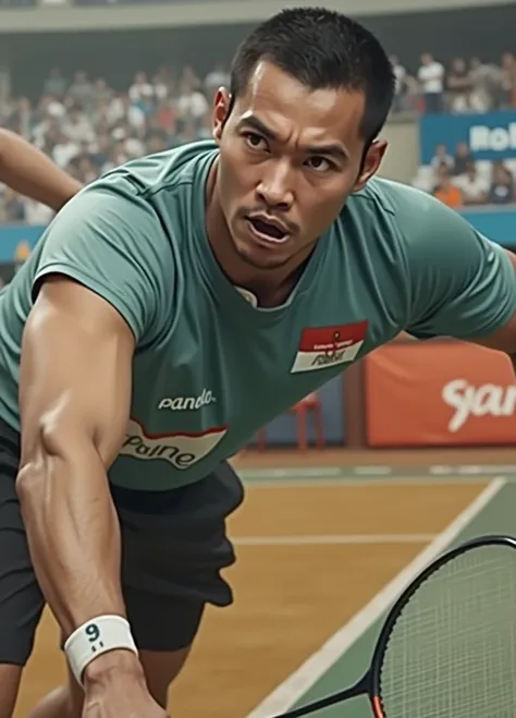 realistic of a professional Indonesian badminton athlete. The athlete should be depicted on a badminton court in a dynamic pose, wearing a sports jersey with the Indonesian flag emblem. Include a badminton racket in hand, wristbands, and a focused facial e...